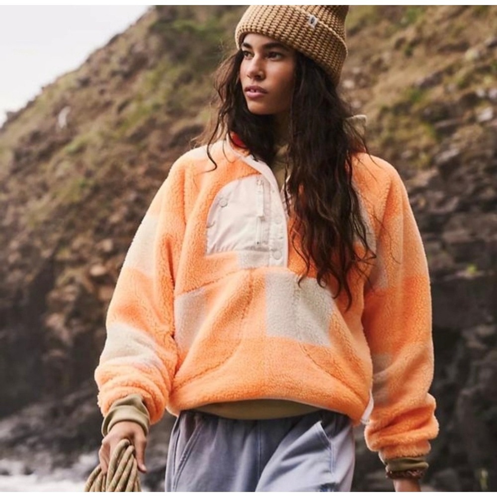 Free People Movement Hit The Slopes Fleece Pullover Women XS Orange White NWOT